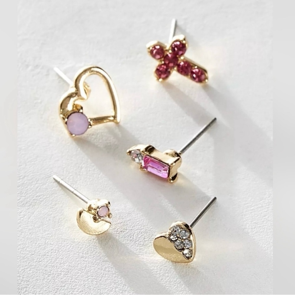 Free People Gold Tone Heart and Pink Crystal Stud Earring Set